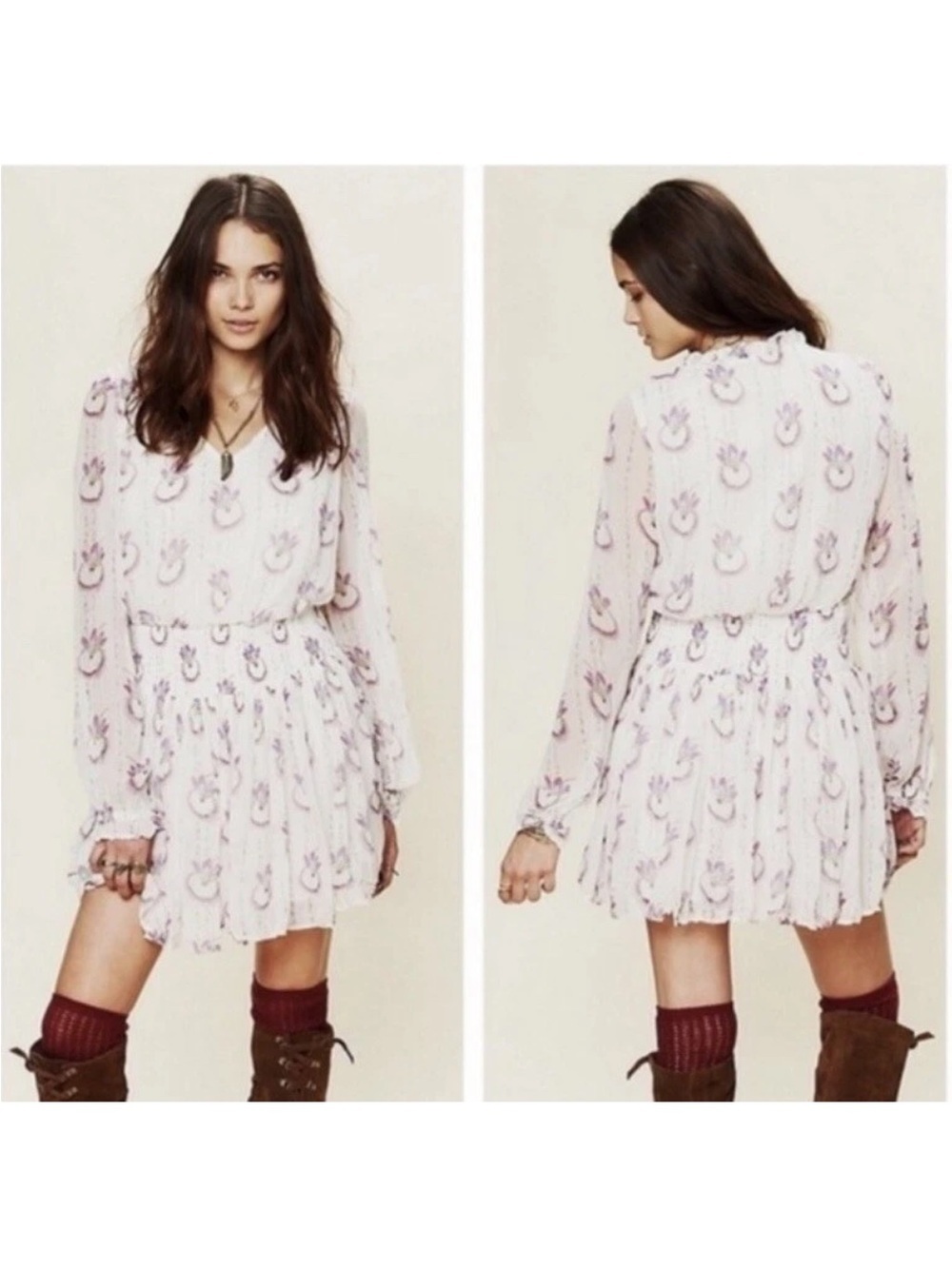 Free People NEW Wild Horses Dream Catcher M Smocked Boho Chiffon Dress Ruffles